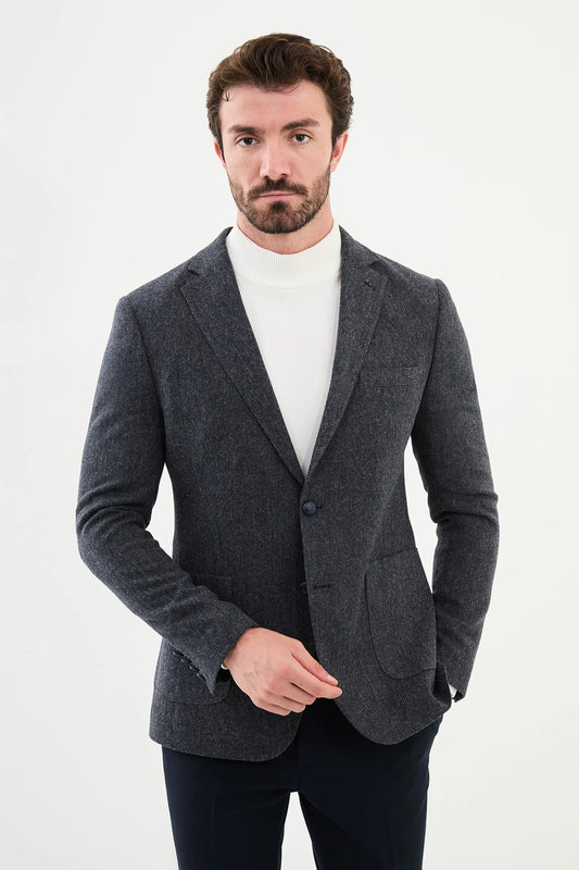 Navy Blue Wool Slim Fit Blazer