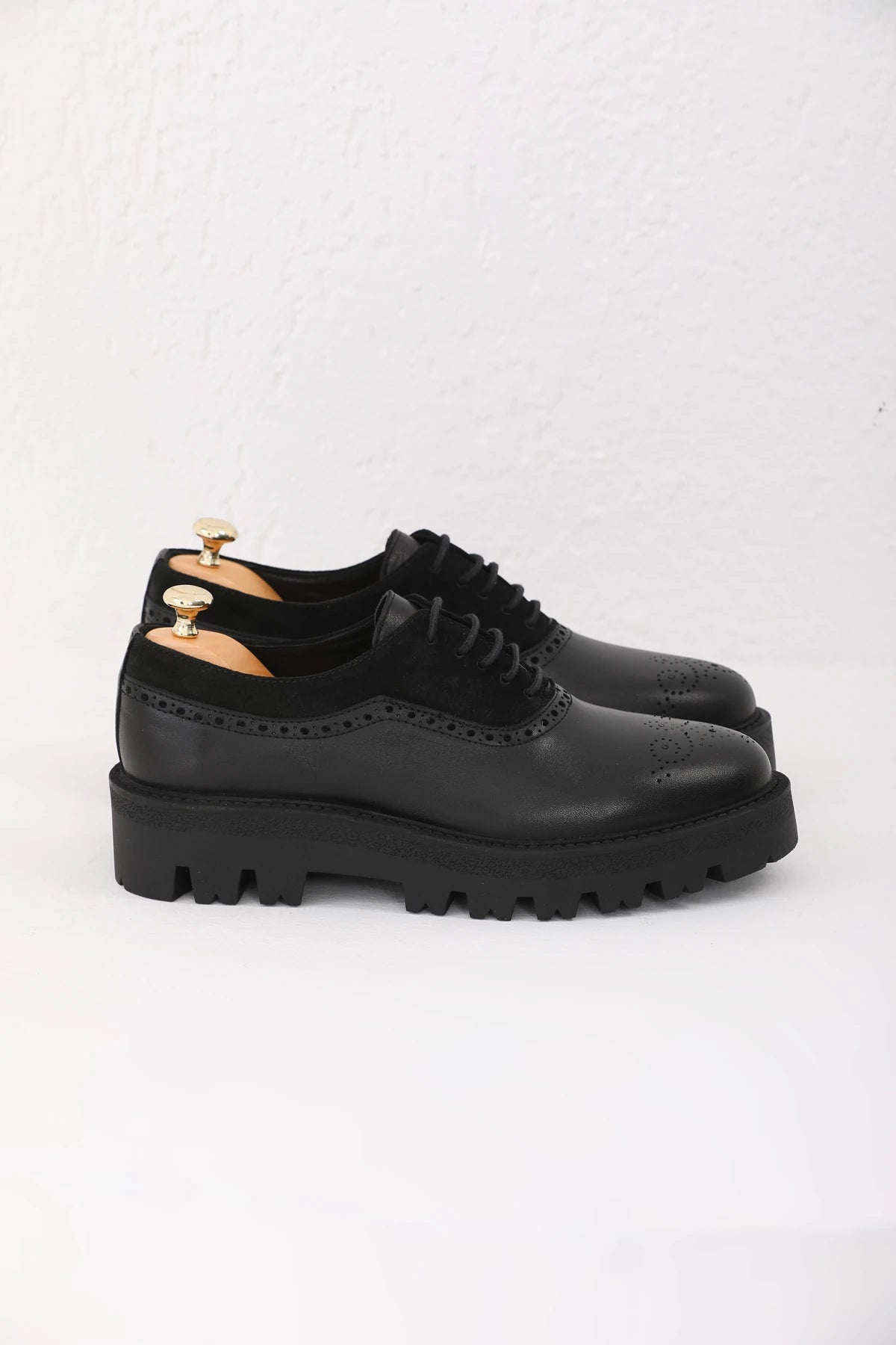 Black Suede And Plan Toe Brogue Chunky Shoes