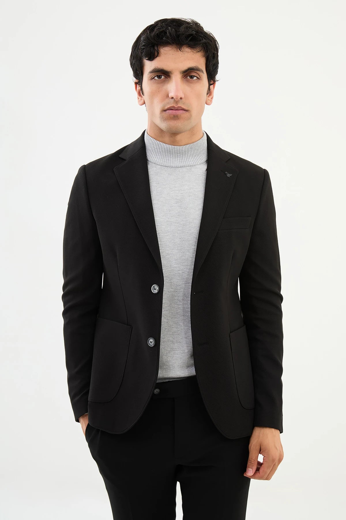 Black Mono Collar Slim Fit Blazer