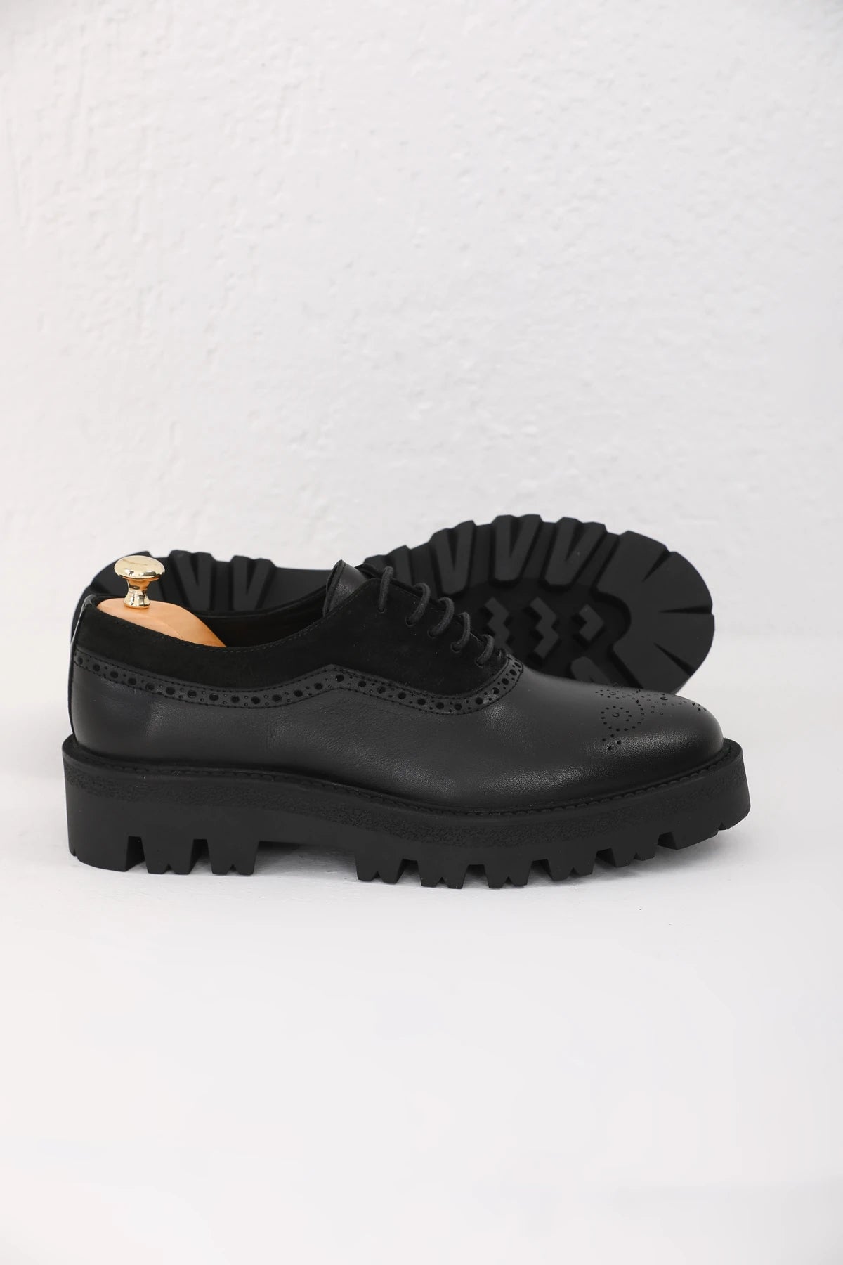 Black Suede And Plan Toe Brogue Chunky Shoes