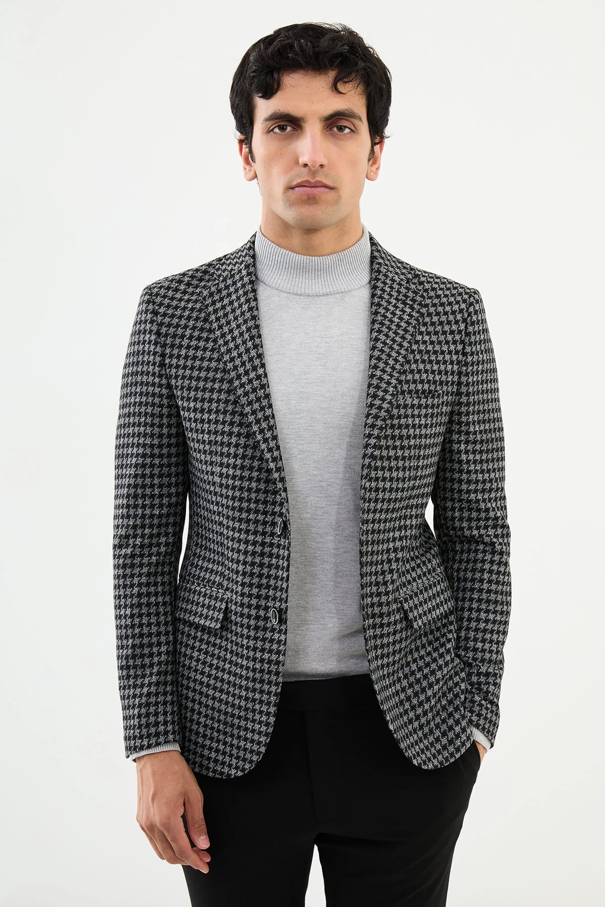 Black And Grey Mono Collar Slim Fit Blazer