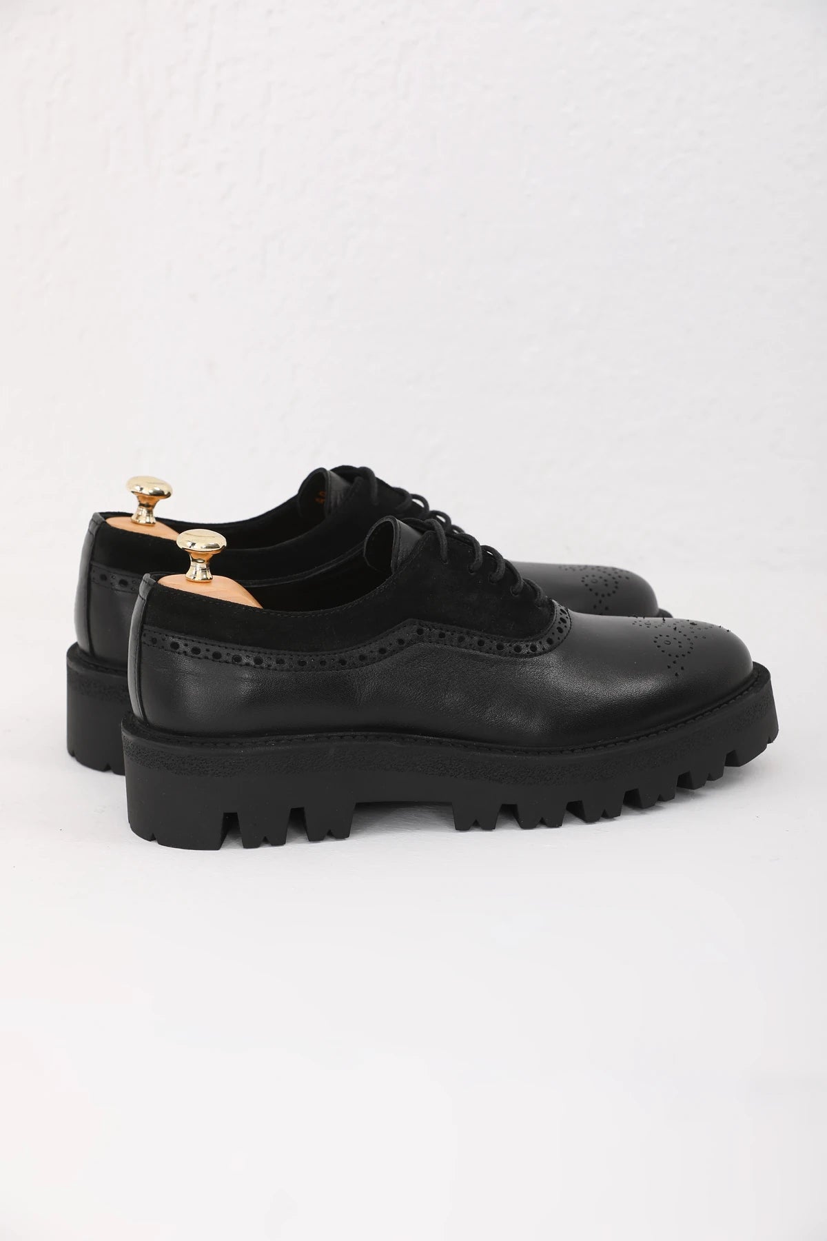 Black Suede And Plan Toe Brogue Chunky Shoes