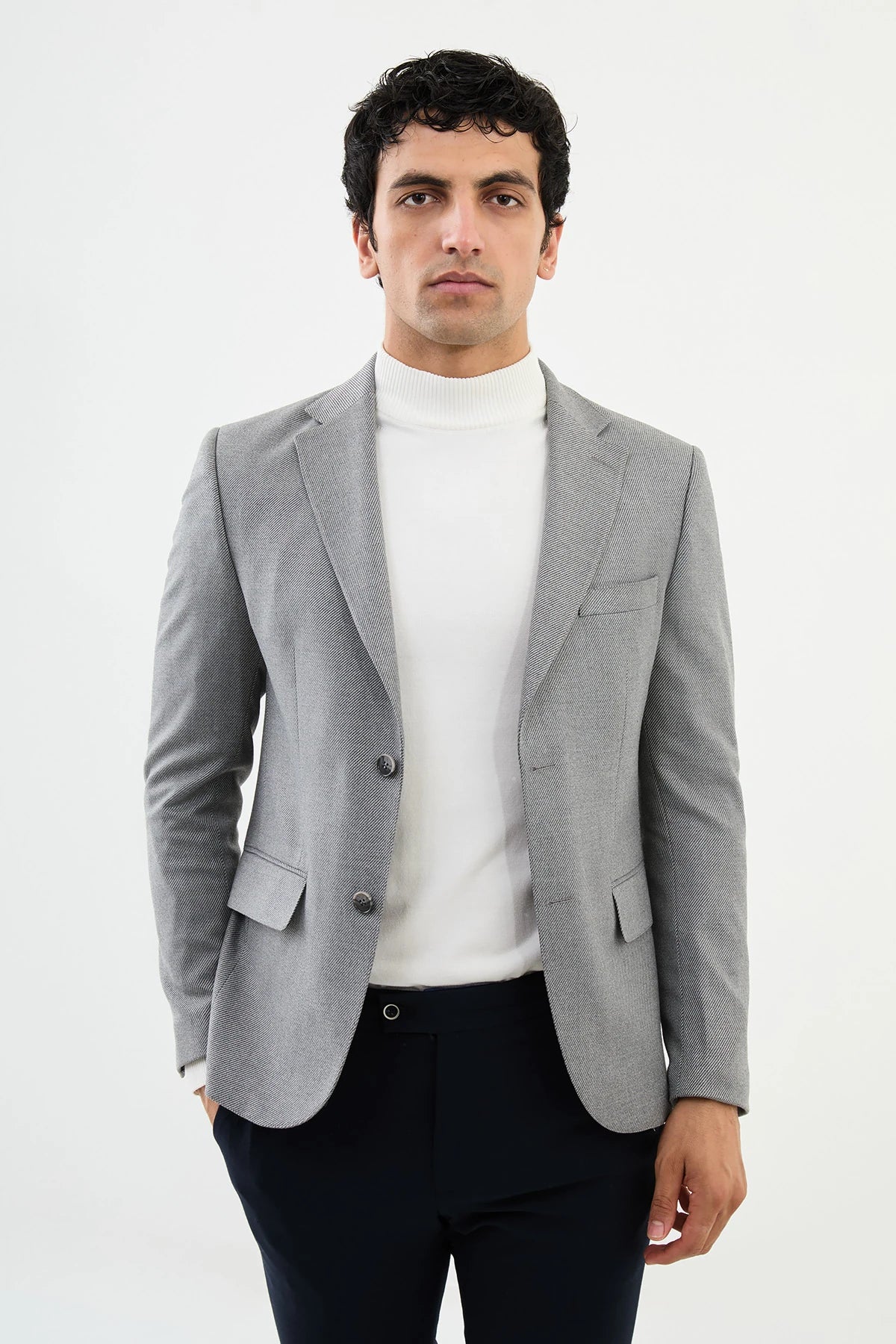 Grey Wool Mono Collar Slim Fit Blazer