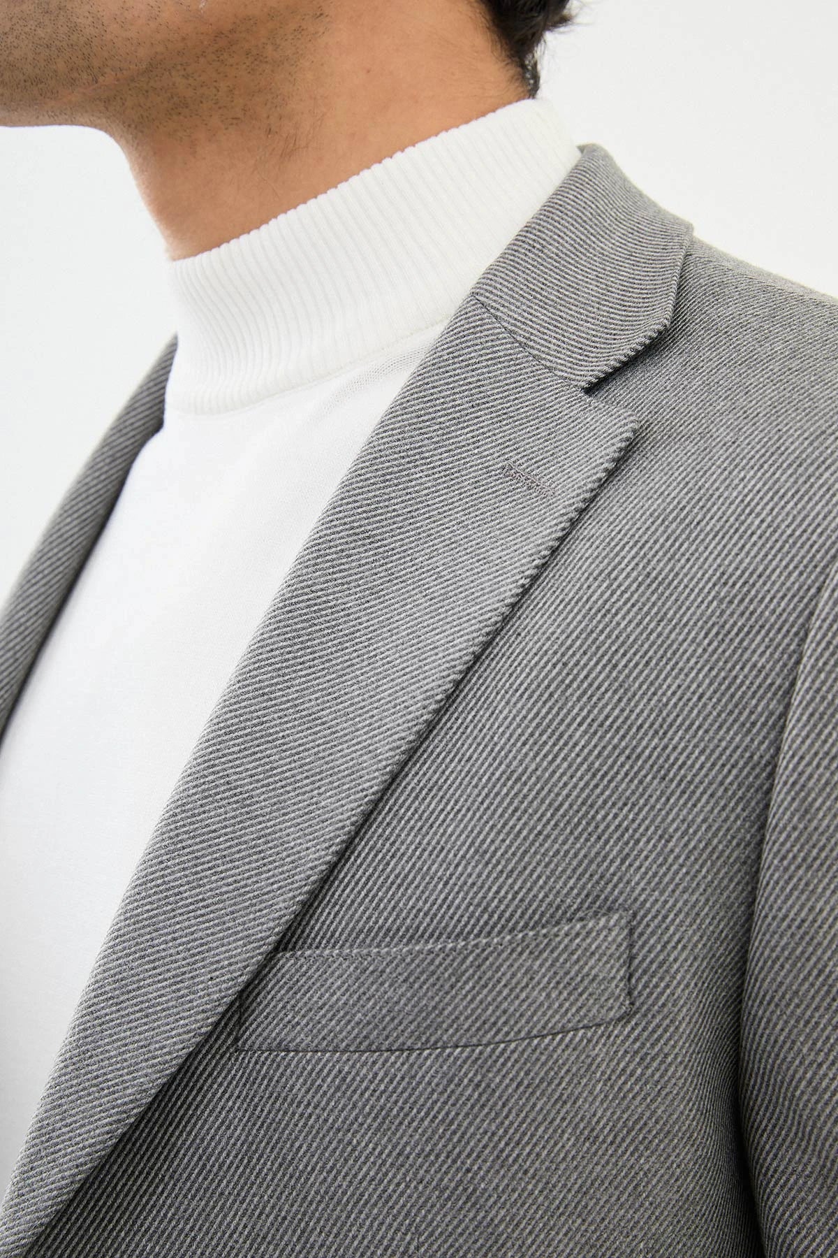 Grey Wool Mono Collar Slim Fit Blazer