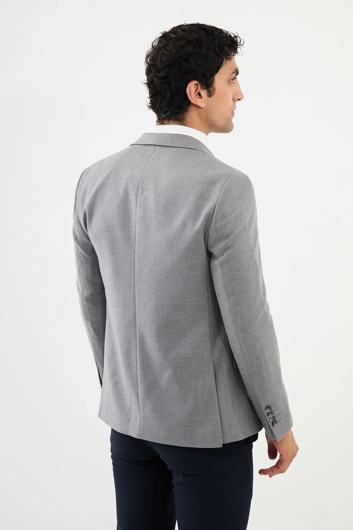 Grey Wool Mono Collar Slim Fit Blazer