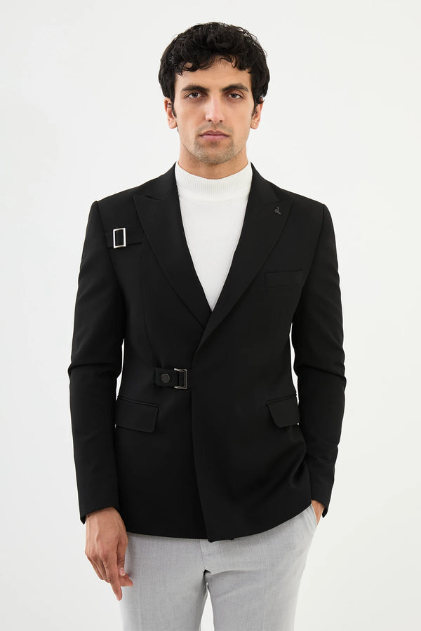 Black Buckle Pointe Collar Slim Fit Blazer