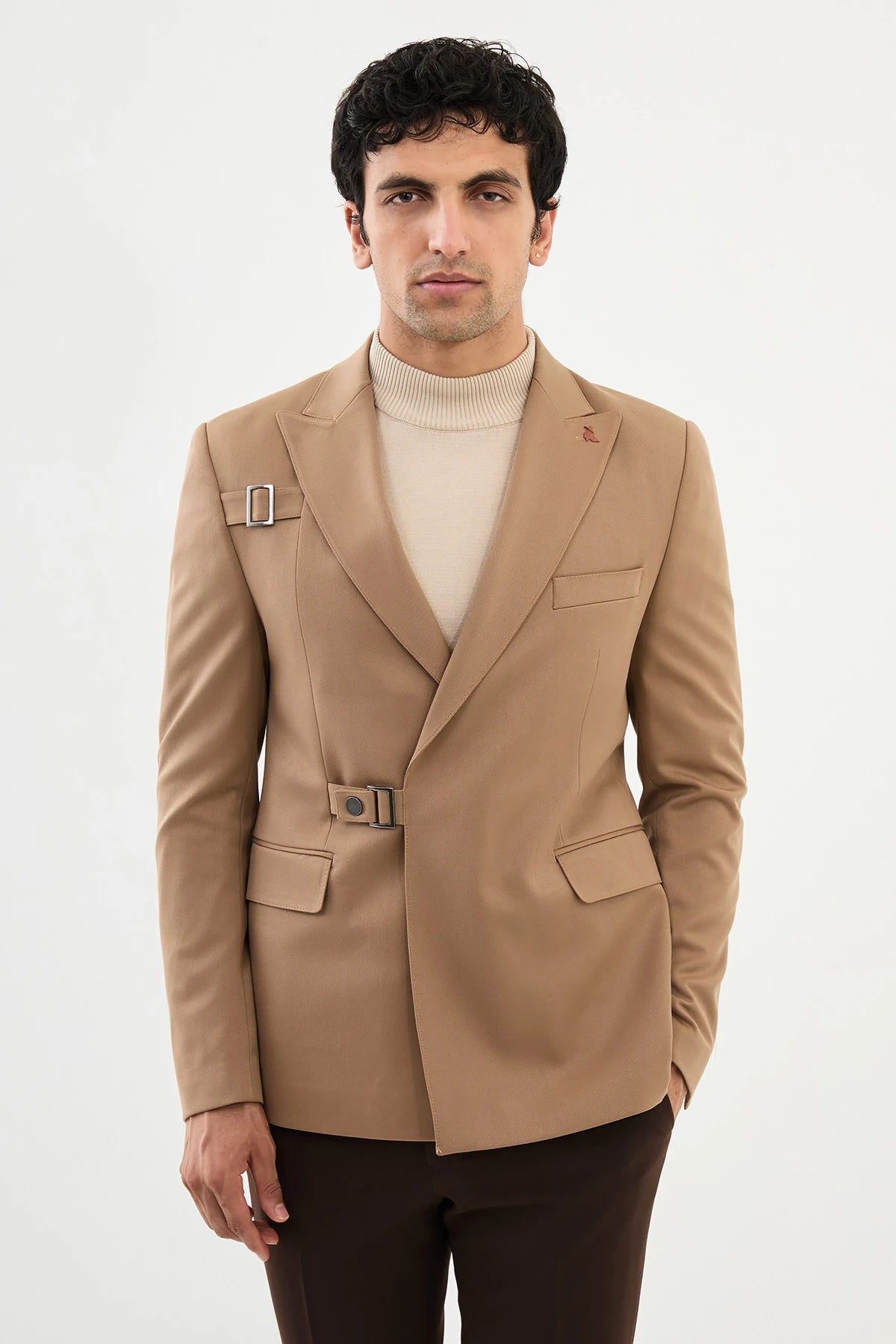 Beige Buckle Pointe Collar Slim Fit Blazer