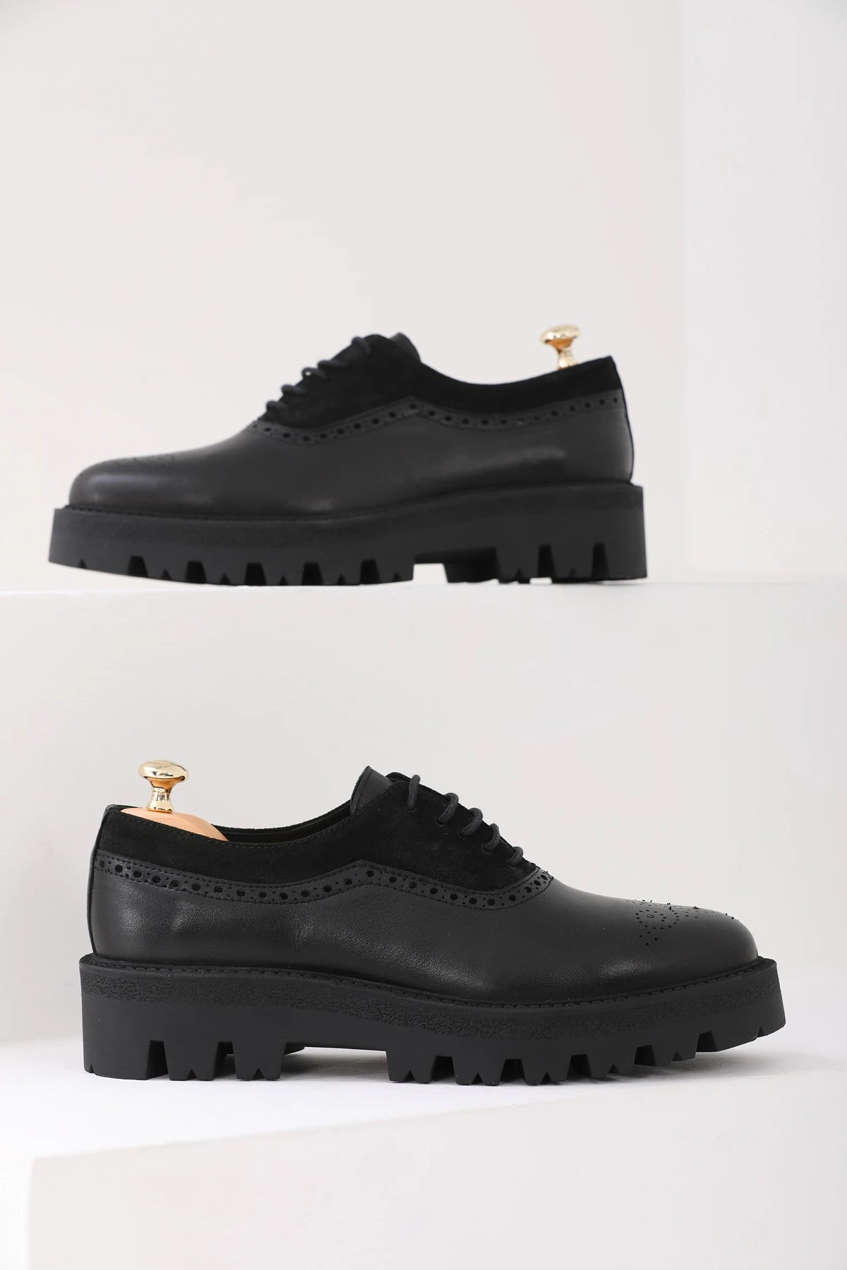 Black Suede And Plan Toe Brogue Chunky Shoes