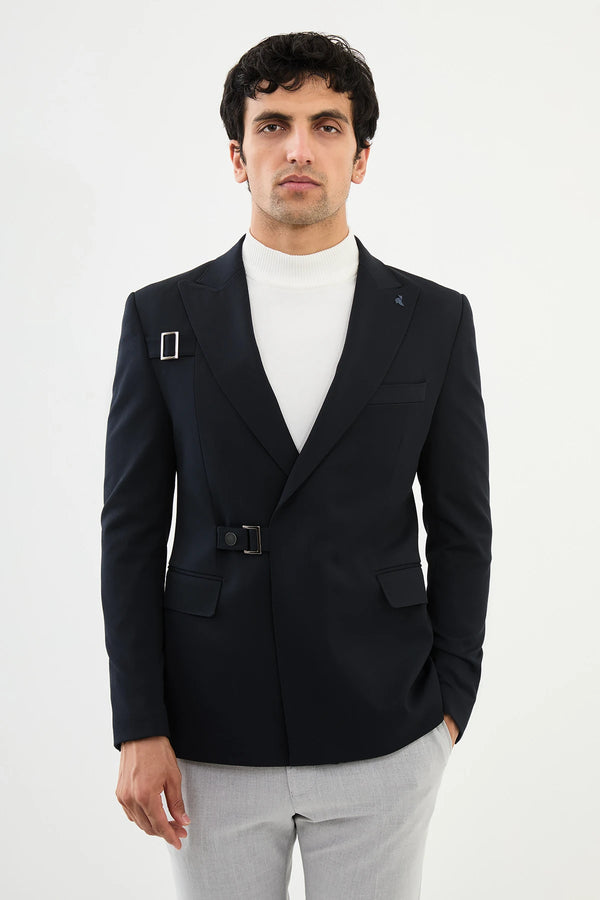 Navy Blue Buckle Pointe Collar Slim Fit Blazer