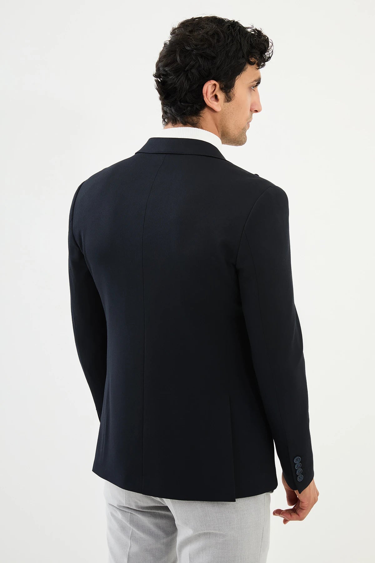 Navy Blue Buckle Pointe Collar Slim Fit Blazer