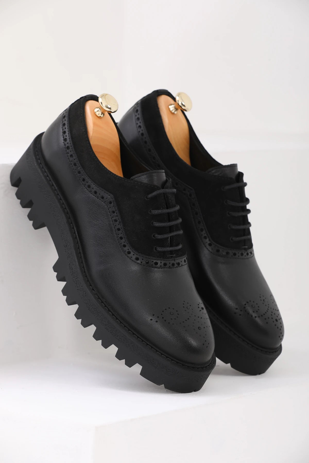 Black Suede And Plan Toe Brogue Chunky Shoes