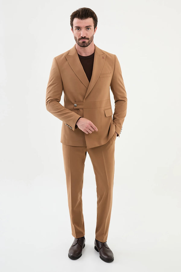 Beige Wool Pointed Collar Suit