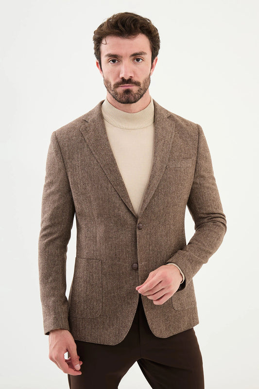 Sand Brown Wool Slim Fit Blazer