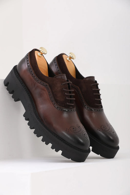 Brown Suede And Plan Toe Brogue Chunky Shoes