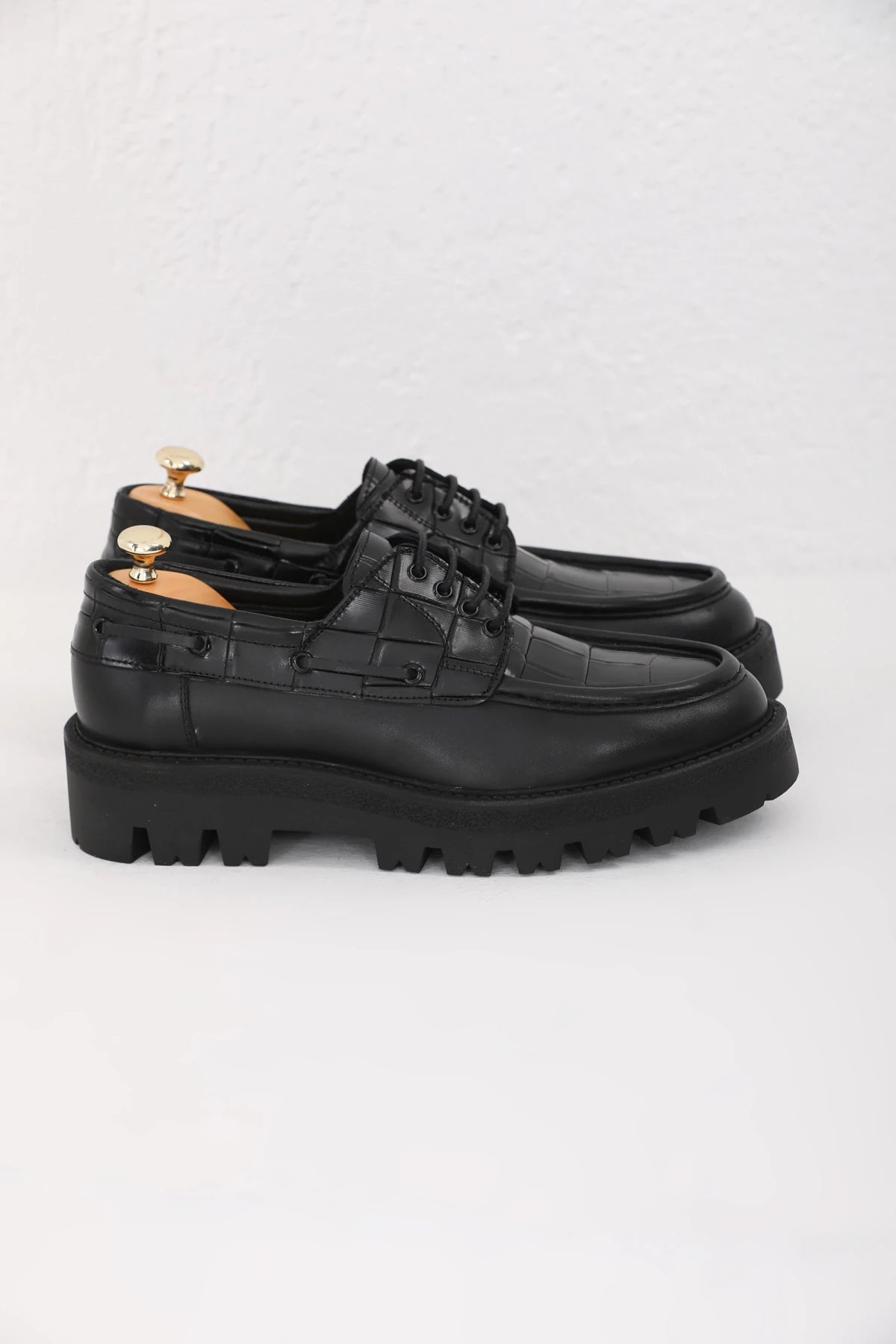 Black Vamp Croc Chunky Shoes