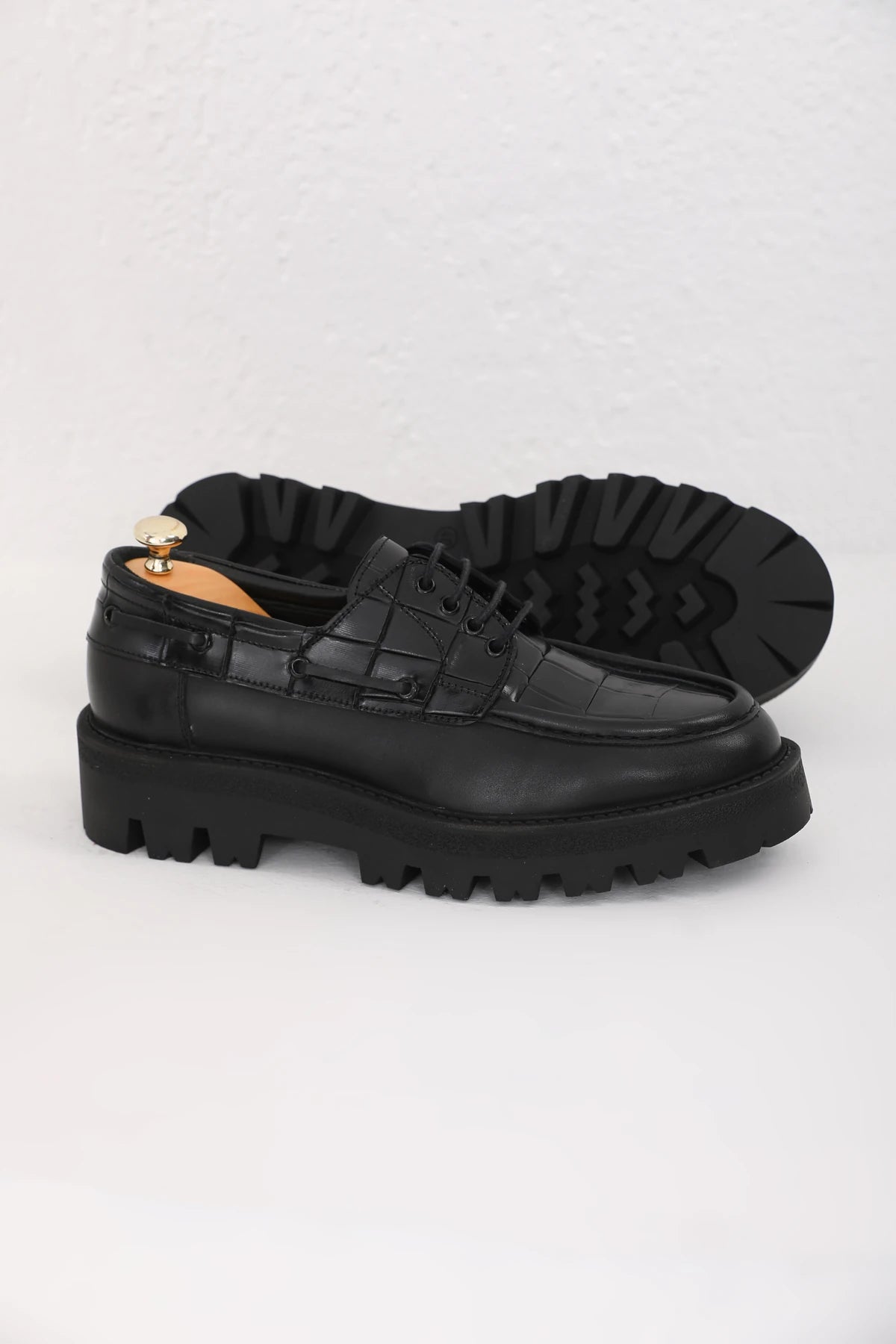 Black Vamp Croc Chunky Shoes