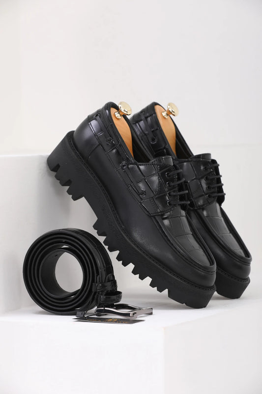 Black Vamp Croc Chunky Shoes