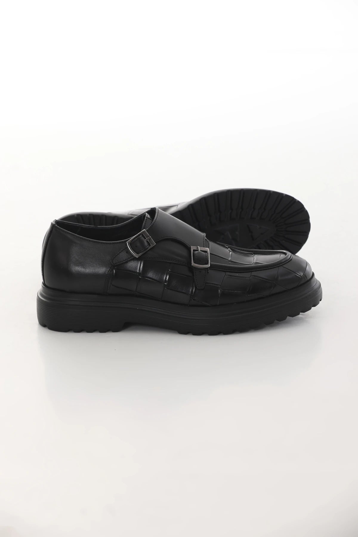 Black Calf Croc Double Monk Chunky