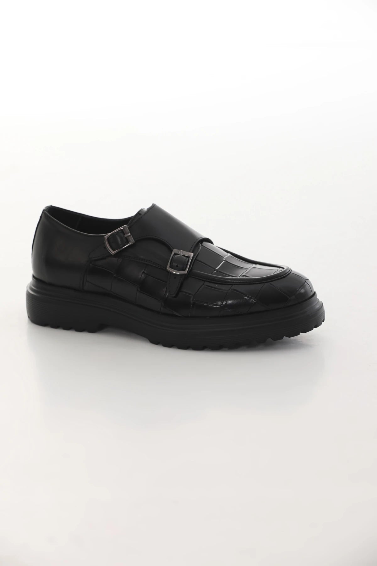 Black Calf Croc Double Monk Chunky