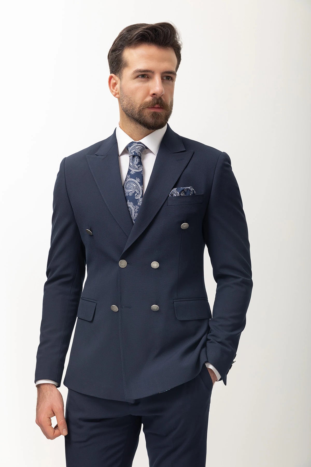 Navy Blue Double Breasted Slim Fit Premium Suit